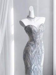 Light gray-blue strapless, fitted, bodycon, fishtail long ball gown R8431